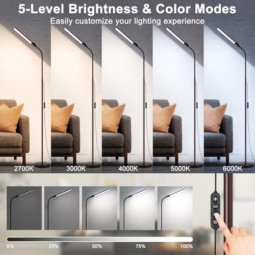 Floor Lamp, 18W/2000LM Bright LED Floor Lamp with Double Head, Adjustable Gooseneck Dimmable Craft Light for Sewing Tatoo Makeup, Eye Caring Brown Reading Floor Lamps for Living Room Bedroom Office