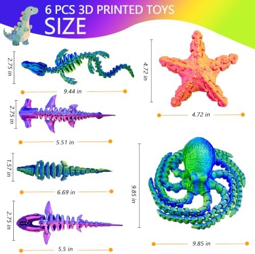 6Pcs 3D Printed Fidget Toys, Sea Animals,Articulated 3D Printed Octopus, Starfish,Flexible, Cool 3D Printed Stuff for Desk Decor Kids Adults for Boys Kids Teen 5-7 4-6 8-12