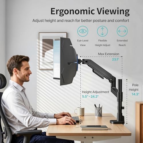 Single Monitor Arm for 17"-49" Monitors, 44 lbs, VESA 75/100, Black