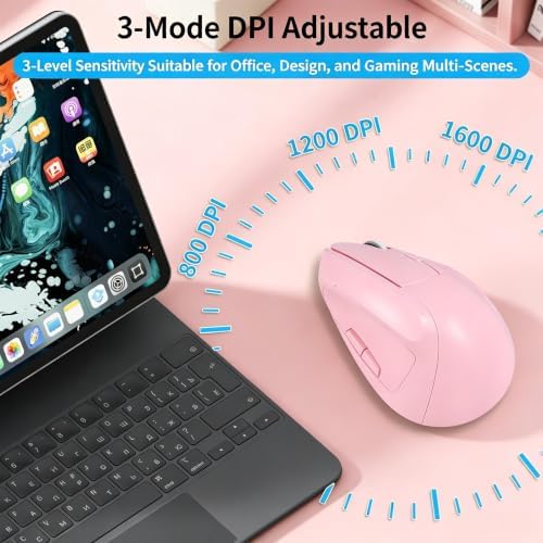 Vertical Wireless Mouse, Ergonomic Design, Dual Mode, 400mAh Type-C, 3 Adjustable Sensitivity Levels,Compatible with Windows/Laptop/Tablet,Suitable for Office & Study (Pink)