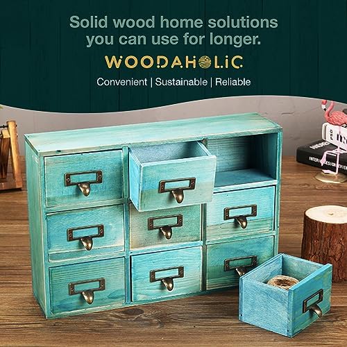 Teal Wooden Drawer Organizer for Desktop - Vintage Apothecary Cabinet w/ 9 Drawers - Wood Desk Organizer - Home Office Desk Organizers and Accessories - Tabletop Chest of Drawers for Bedroom
