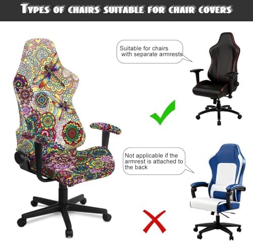 Dragonfly Print Stretch Gaming Chair Cover with Armrest Covers Boho Mandala Flower Print Washable Breathable Gamer Chair Slipcover