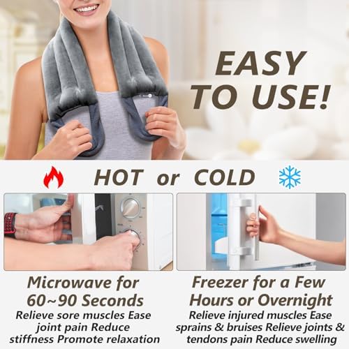 AiricePac Microwave Heating pad for Neck and Shoulders Back 33 * 5" microwavable Moist Heat Pack Warm hot Compress Neck wrap Weighted Rice Bean Bag Reusable Herbal Nature Calming Portable Grey