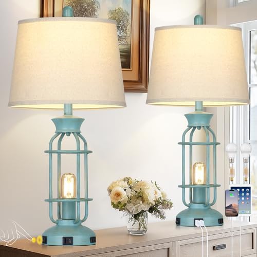 28" Tall Farmhouse Table lamps for Living Room, Vintage Industrial Table Lamp with USB C+A Ports & Outlet, Rustic Bedside Lamps with 2 Nightlight & Linen Fabric Shade for Nightstand Bedrooms Desk Blue