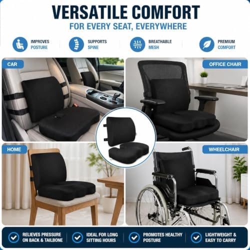2-in-1 Memory Foam Seat Cushion & Lumbar Support Set | Ergonomic Office Chair Cushion for Tailbone, Sciatica & Help Back Pain Relief | Non-Slip Coccyx Pad, Washable Cover, Adjustable Strap
