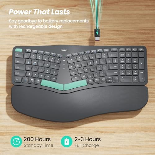 Nulea Wireless Ergonomic Keyboard, Split Keyboard with Cushioned Wrist Rest, Bluetooth and USB Connectivity, USB-C Rechargeable, Compatible with Windows Mac,Green Gray