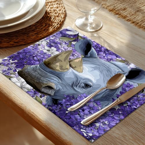 Shrahala Wild Rhinoceros Placemats, in Purple Flowers Table Mat Linen Burlap Washable Double-Deck Heat Insulation for Dining/Kitchen Table Set of 6 (12 X 18 Inch)
