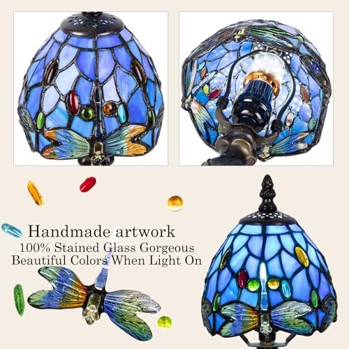 Small Tiffany Table Lamp, 3 Color-Temperature Dragonfly Stained Glass Lamp,6 Inch Tiffany Style Lamp for Bedroom Living Room Home, Handcrafted Light, Included Bulb (Blue)
