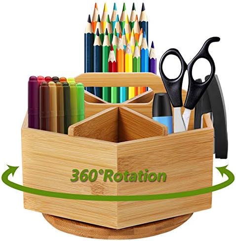 Marbrasse Bamboo Art Supply Organizer, Rotating Pencil Pen Holder, Office Supplies Desktop Storage Caddy, Like Colored Pencils, Pen, Markers, Paint Brushes