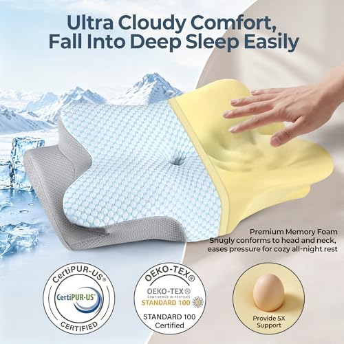 Cervical Pillow for Neck Pain Relief, Ergonomic Neck Pillow for Sleeping, Contour Side Sleeper Pillow for Neck Support, Orthopedic Cooling Memory Foam Pillows for Back Stomach Sleepers (Blue)