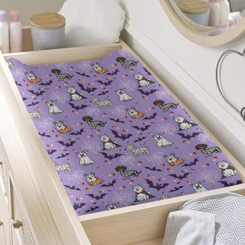 Cartoon Cute Halloween Dogs Bats Candy Corn Pattern Baby Changing Pad Cover, Unisex Fall Winter Holiday Nursery Diaper Changing Table Pad Mat Sheet for Boys Girls-16x32