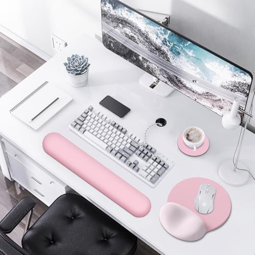 AIMSA Mouse Pad with Wrist Rest Support, Keyboard Wrist Rest Set, Ergonomic Memory Foam Mousepad for Computer Keyboard, Easy Typing and Pain Relief, Pink