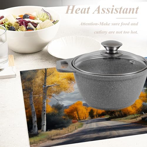 Shrahala Fall Yellow Trees Landscape Set of 6 12 X 18 Inch Linen Placemats, Autumn in Castle Creek Road Burlap Table Mat Washable Double Layered Heat Insulation for Indoor/Outdoor