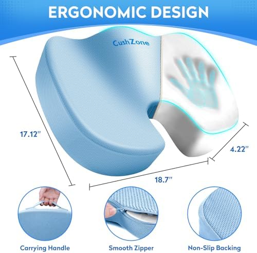CushZone XXL Memory Foam Seat Cushion for Office & Car, Light Blue