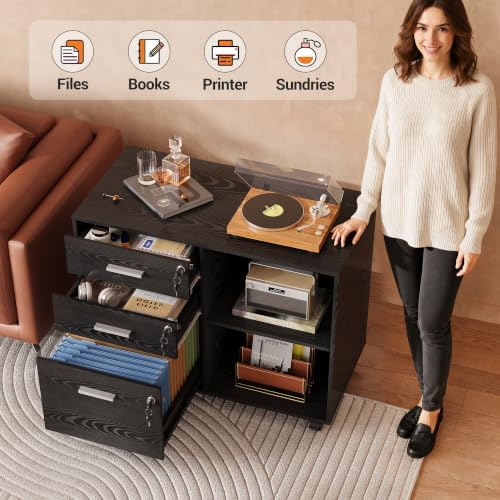 DEVAISE 3-Drawer File Cabinet with Lock, Mobile Wood Filing Cabinet, Black
