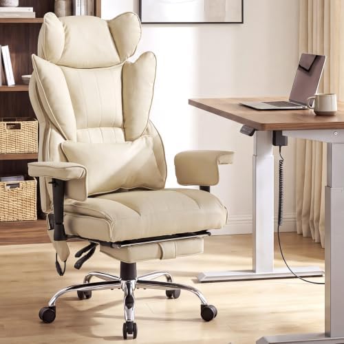 6 Points Massage Heated Home Office Chair with Foot Rest, Beige