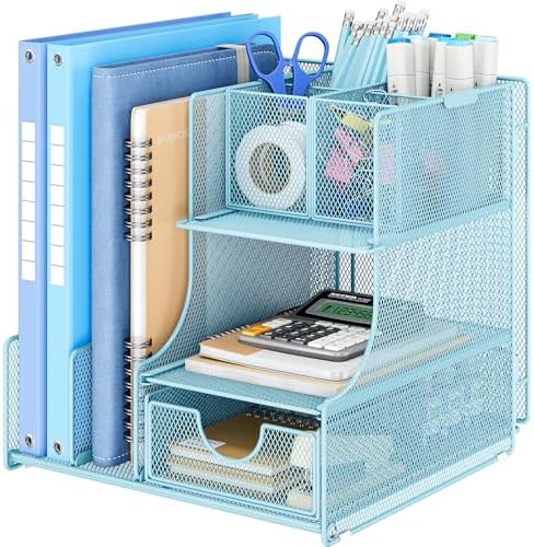 Lavatino Desk Organizer – 4-in-1 Blue Mesh Office Supplies Organizer with Pen Holder, File Holder, Desktop Tray, and Drawer for Home, Office, Classroom