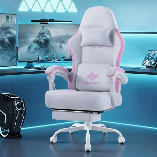 LEMBERI Gaming Chair, Fabric Big and Tall Video Game Chairs with Footrest, Massage Lumbar Support, Racing Style Ergonomic Computer Gamer Chair with Adjustable Headrest (Pink)