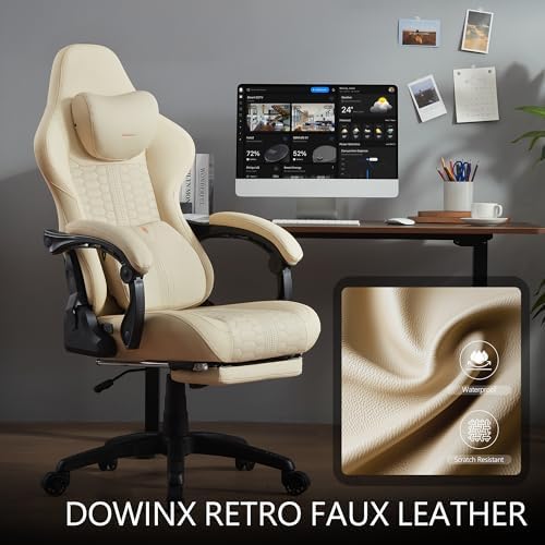 Dowinx Gaming Chair for Adults with Footrest, Reclining Gamer Chair with Massage Lumbar Support, Ergonomic Big and Tall Office Computer Chair 400LBS, High Back PU Leather Gaming Computer Chair,Ivory