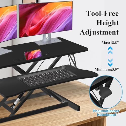 Standing Desk Converter 37 Inch – Height Adjustable Desk Riser with GasSpring Lift, Duals Screen Converter and Laptop Workstation, Sit Stand Ergonomic Riser with Keyboard Tray for Offices (BlackA)