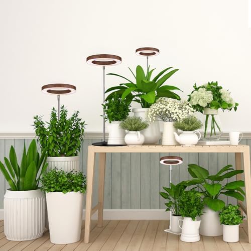 Yadoker 144 LEDs Plant Grow Light for Indoor Plant,Walnut Wood Grain Aluminum LED Grow Light with White Base, Height Adjustable,6.3" Aluminum Housing,Automatic Timer with 8/12/16 Hours,2 Pack