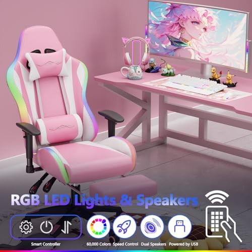 Mr IRONSTONE Gaming Chair with Footrest, Ergonomic Gaming Chair with Massage Lumbar Support and Headrest, Reclining Computer Desk Chair for Adults, Adjustable Swivel Gaming Office Chair, Pink