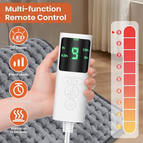 Heating Pad for Back Pain, 17''×33'' Electric Heating Pad with 9 Heat Settings & 4 Timers Auto Shut Off, Extra Large Heating Pad for Period Cramps & Sore Muscles, Machine Washable, Dry & Moist Heat