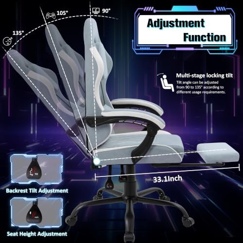 Gaming Chair with Footrest, Ergonomic Fabric Desk Chair, Blue