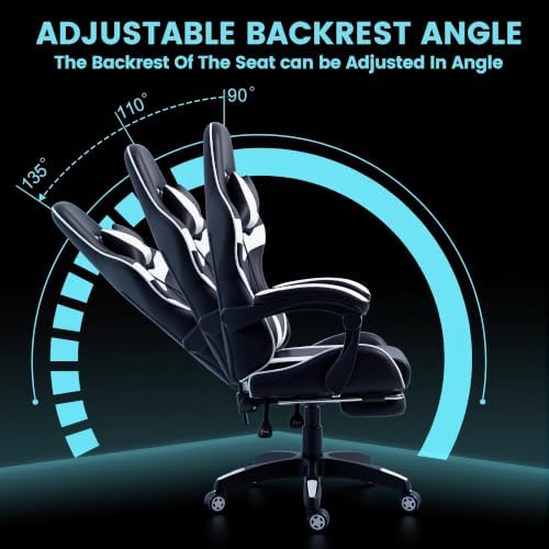 J.M.-Deco Gaming Chair Office Chair-Big and Tall Office Ergonomic Chair with Foot Rest - Comfy Desk Chair with Lumbar Support,Black and White