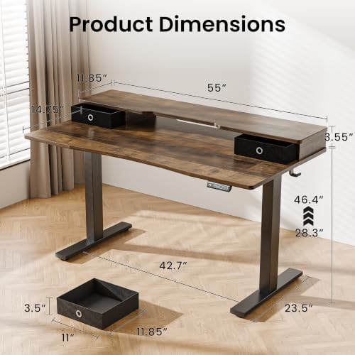 Realbear 55x26 Inch Electric Standing Desk with Drawers, Rustic Walnut