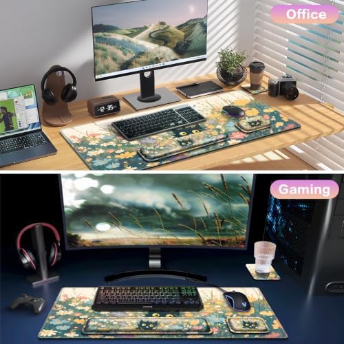 Desk Mat, Large Gaming Mouse Pad with Wrist Rest, 4in1 XXL Mousepad+Keyboard Wrist Rest+Mouse Pad Wrist Support+Cup Coaster Set Ergonomic Computer Desk Arm Wrist for Decor Home Office Women