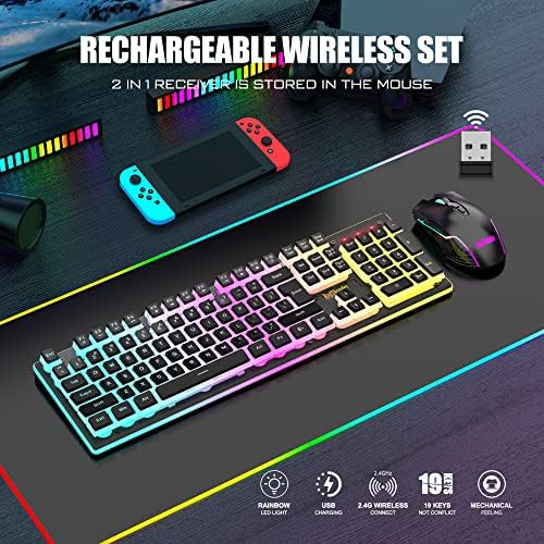 RedThunder K10 Wireless Gaming Keyboard and Mouse Combo, RGB Backlit Rechargeable 3800mAh Battery, Mechanical Feel Anti-ghosting Keyboard with Pudding Keycaps + 7D 3200DPI Mice for PC Gamer (Black)