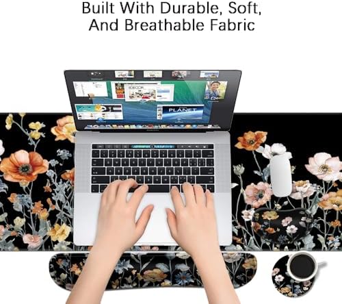 MIBITRI Keyboard Mouse Pad Set, Extended Gaming Mouse Pad+Ergonomics Keyboard Wrist Rest Support, Memory Foam, Easy Typing Pain Relief, 4Pcs XXL Ultra Thick Desk Mat, Flower Black