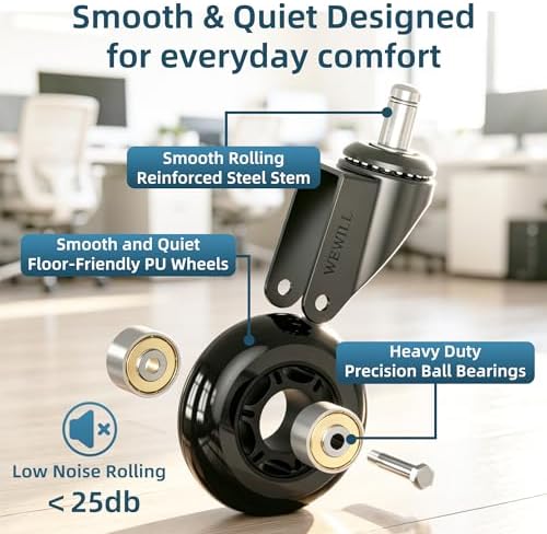 WEWILL Office Chair Wheels - Rubber Casters Replacement Universal Fit 98% Chair(Set of 5) Heavy Duty 3 Inch Smoothly & Quietly Safe for All Floor, Hardwood, Tile, Carpet, Noise Free - Black
