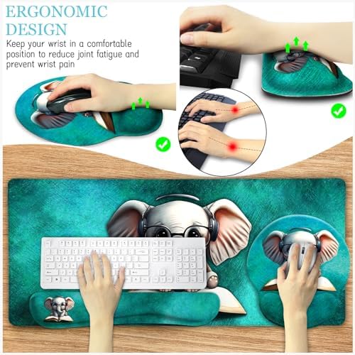 LIMKRIAN Large Desk Mat Set, Mouse Pad with Wrist Rest, Cute Elephant