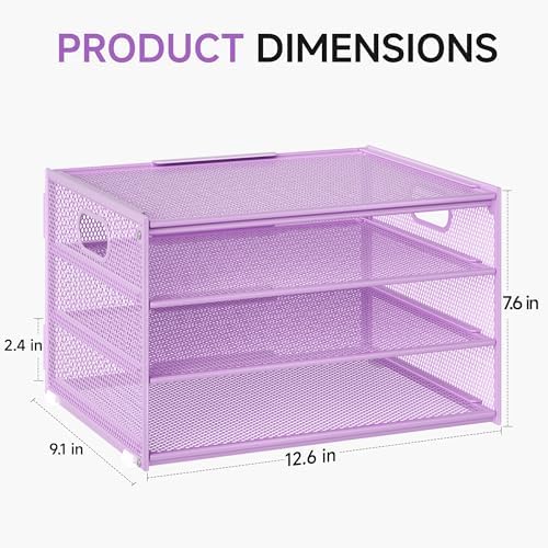 Lavatino 3-Tier Letter Tray Desk Organizer, Mesh Paper File Tray Organizer for Desk, Office Supplies & Home Organization, Fits A4 Paper, Mail, Magazines & Office Accessories (Purple with Handle)