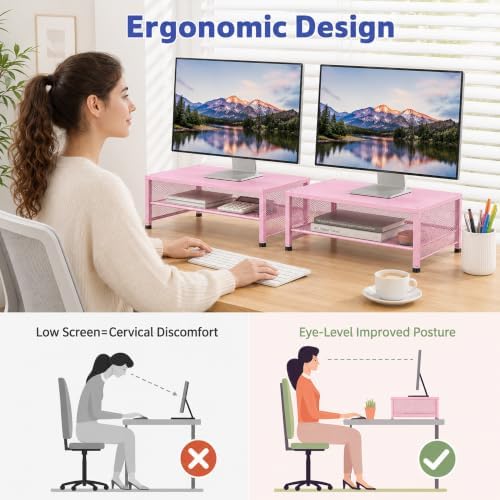 OPNICE 2-Tier Computer Monitor Stand Riser, Laptop Stand for Desk, Desk Organizer for Office, Home and School Supplies, Pink