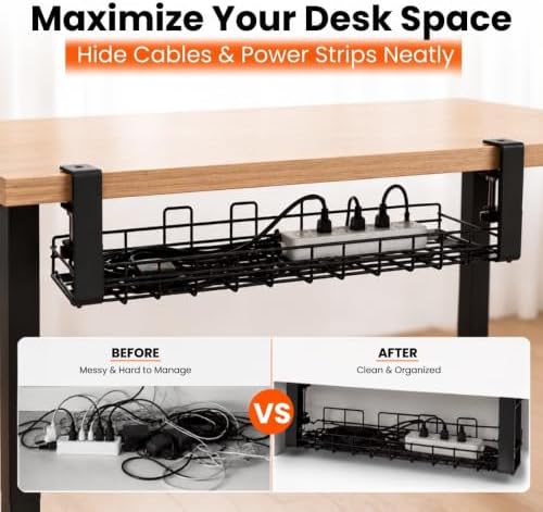 Under Desk Cable Management Tray 2 Pack, No Drill, Clamp Mount, Black