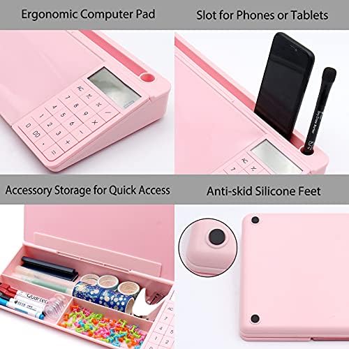 TOWON Glass Desk Whiteboard with Calculator 17x6 in, Desk Organizer, Pink