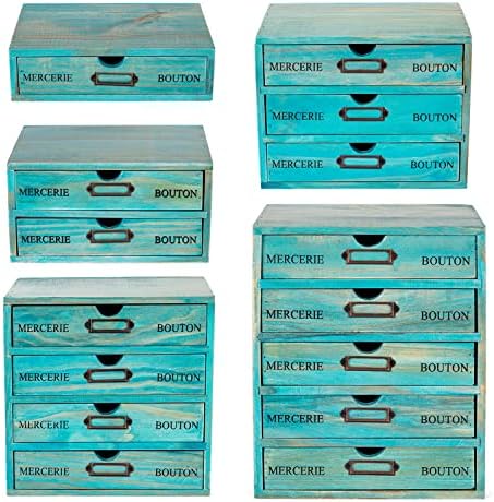 5-piece Full Matching Set Turquoise Wooden Cabinets,European Country Style Desk Organizer Boxes,Multi-level Teal Wooden Stackable Drawers,Countertop Organizer Drawers w/ Label Holder,Desktop Chests