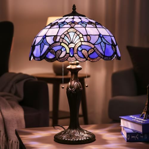 Stained Glass Table Lamp, Adjustable 3 Color Temperature,Blue Baroque Style Lampshade & Plant Texture Curve Antique Base Desk Reading Light 16X16X24 Inches Decor for Bedroom Living Room Office