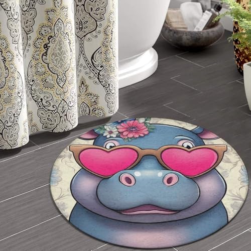 Large Machine Washable Circular Rugs, Home Decor Round Mat for Living Room Sofa Office Hippo with Heart Glasses