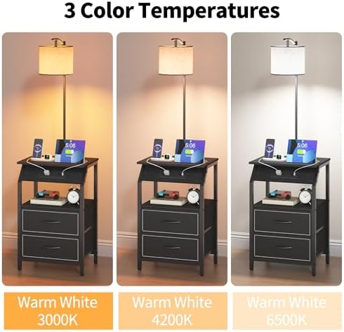 End Table with Floor Lamp, Nightstand with Charging Station, Floor Lamp Table with 3-Color Temperature Bulb, Bedside Table Night Stand with 2 Drawers for Bedroom, Living Room, Black