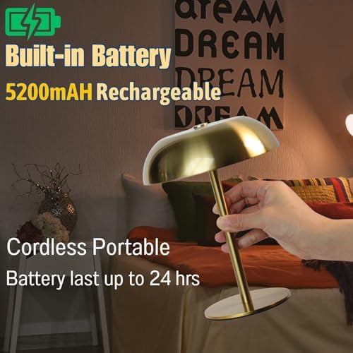 Cordless LED Mushroom Table Lamp, 5200mAh Battery, Dimmable 3 Color, Gold