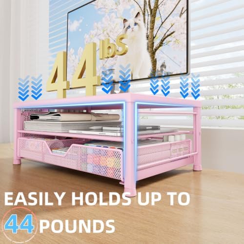 Monitor Stand Riser with Mesh Drawer and 2 Pen Holders, Pink Star Vent Top