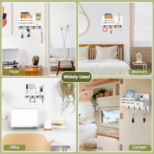 Key Holder Wall Mount, Wooden Key and Mail Organizer, White