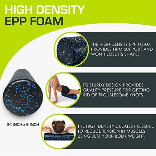 ProsourceFit High Density Foam Rollers 24 - inches long, Firm Full Body Athletic Massage Tool for Back Stretching, Yoga, Pilates, Post Workout Muscle Recuperation, Black/Blue