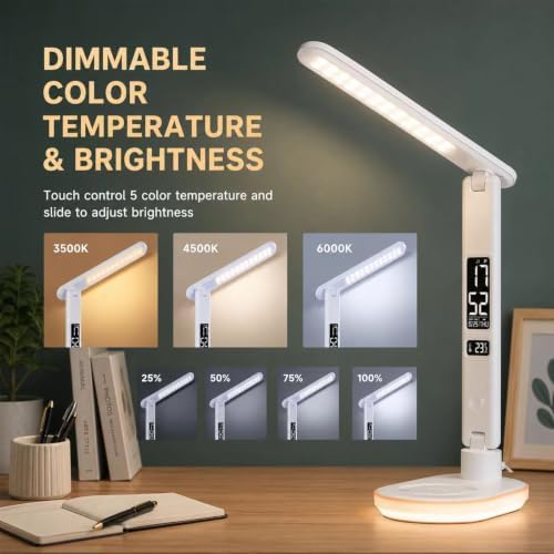 LED Desk Lamp with Wireless Charger,Clock,Touch Table Lamp for home office