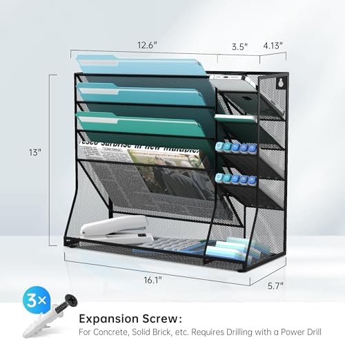5-Tier Wall File Organizer and Wall File Holder with Bottom Tray, Black