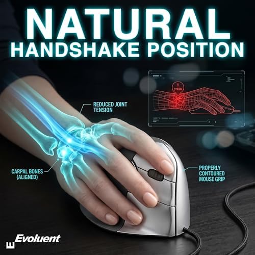 Evoluent – World's Original Vertical Mouse, Wired Ergonomic Mouse for Right Hand, Medium to Large, Helps with Carpal Tunnel and Wrist Strain, Customizable 6 Buttons, 4 Speed Settings, Comfortable Grip